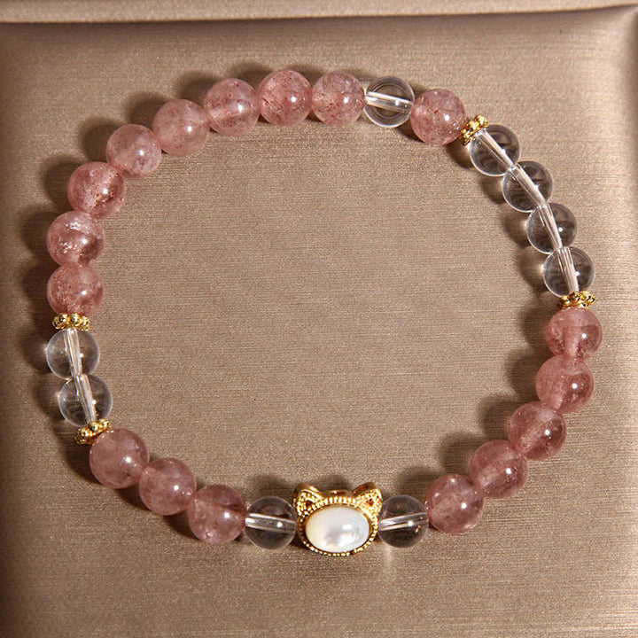 Buddha Stones Cat Natural Strawberry Quartz White Crystal Bead Healing Bracelet - image 2