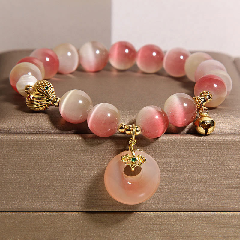 Buddha Stones Natural Peace Buckle Gradient Pink Cat's Eye Yanyuan Agate Peace Bracelet - Pink Cat's Eye(Wrist Circumference:15-17cm) - image 0