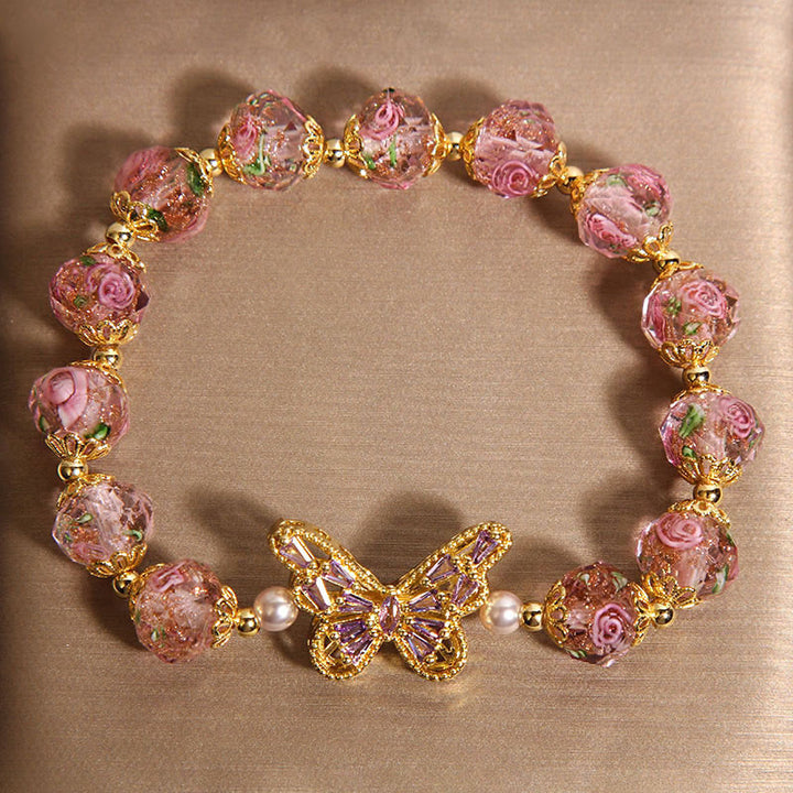 Buddha Stones Natural Butterfly Rose Design Pink Crystal Warmth Bracelet - image 2