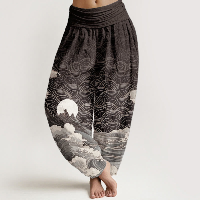Buddha Stones Pure Cotton Casual Wave Moon Mountain Pattern Women's Elastic Waist Harem Pants - Black - US22，UK/AU26，EU54 (6XL) - image 0