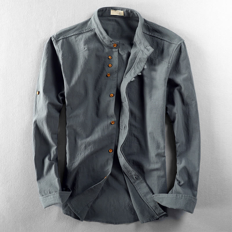 Buddha Stones Men's Slim Fit Design Stand Collar Crew Neck Long Sleeve Cotton Linen Shirt - CadetBlue - US/UK/AU48，EU58 (7XL) - image 10