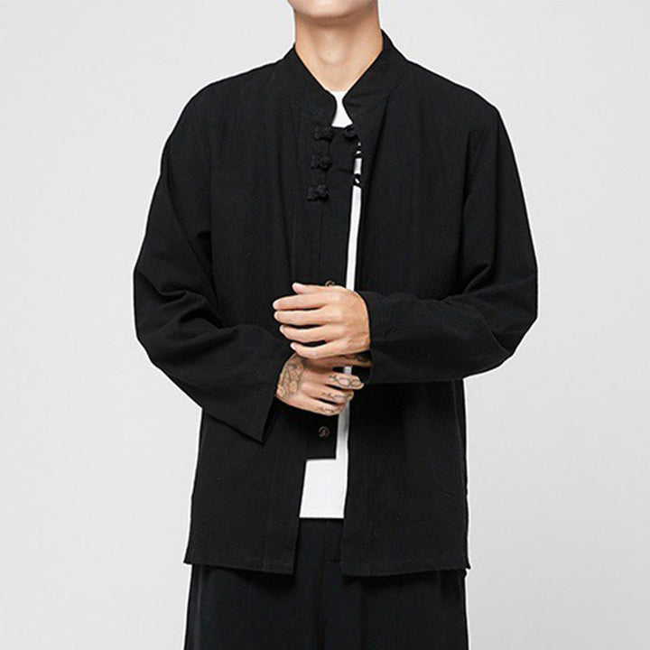 Buddha Stones Chinese Frog-Button Side Slit Men's Long Sleeve Cotton Tang Suit Shirt - image 9