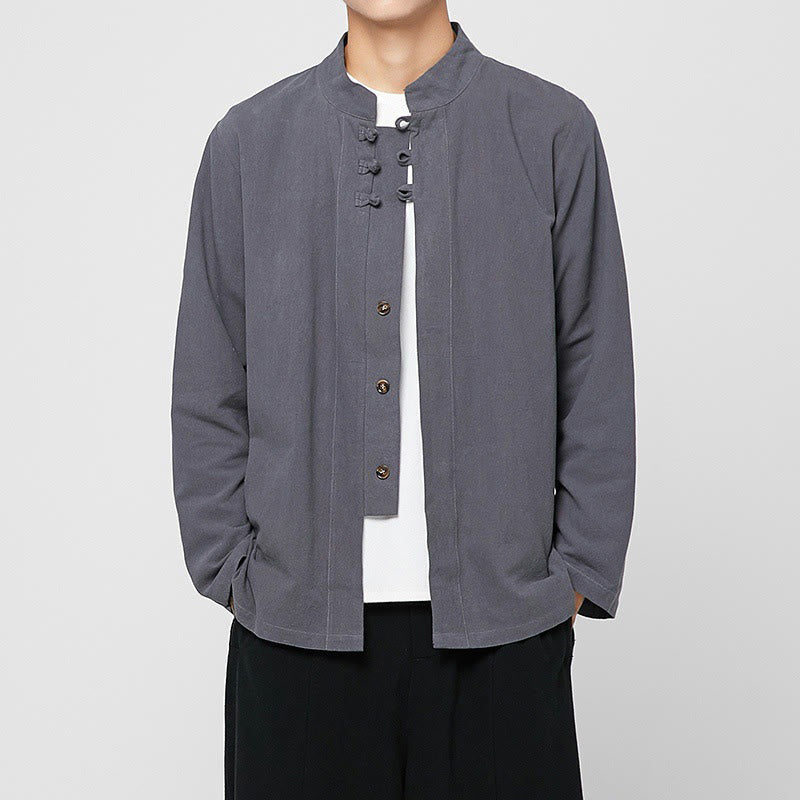 Buddha Stones Chinese Frog-Button Side Slit Men's Long Sleeve Cotton Tang Suit Shirt - LightSlateGray - US/UK/AU46，EU56 (5XL) - image 0