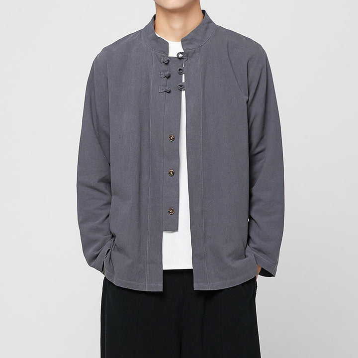 Buddha Stones Chinese Frog-Button Side Slit Men's Long Sleeve Cotton Tang Suit Shirt - LightSlateGray - US/UK/AU46，EU56 (5XL) - image 0