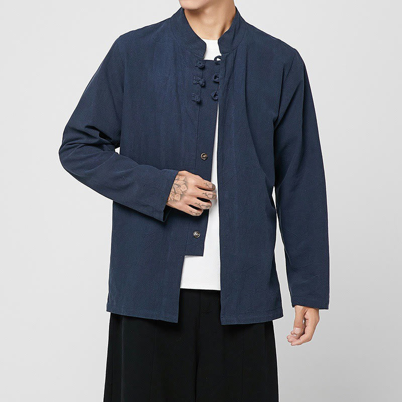 Buddha Stones Chinese Frog-Button Side Slit Men's Long Sleeve Cotton Tang Suit Shirt - DarkBlue - US/UK/AU46，EU56 (5XL) - image 12