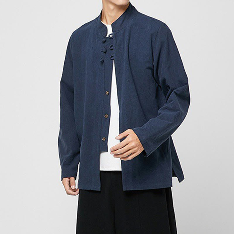 Buddha Stones Chinese Frog-Button Side Slit Men's Long Sleeve Cotton Tang Suit Shirt - image 15