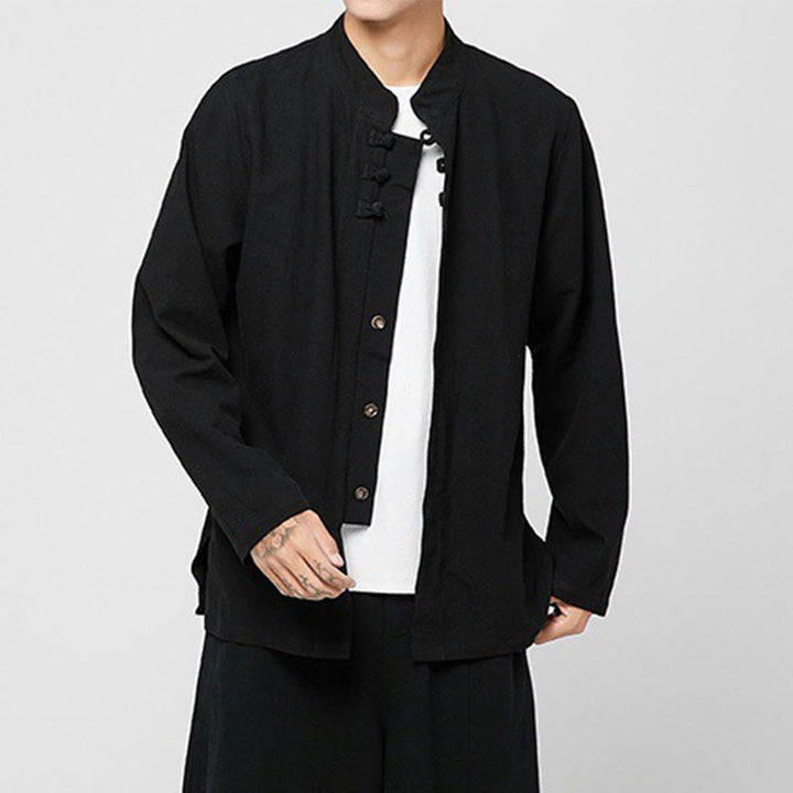 Buddha Stones Chinese Frog-Button Side Slit Men's Long Sleeve Cotton Tang Suit Shirt - image 8