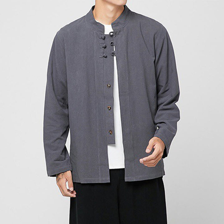 Buddha Stones Chinese Frog-Button Side Slit Men's Long Sleeve Cotton Tang Suit Shirt - image 5