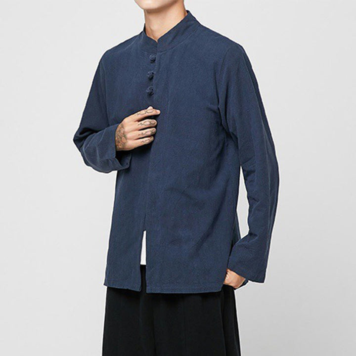 Buddha Stones Chinese Frog-Button Side Slit Men's Long Sleeve Cotton Tang Suit Shirt - image 13