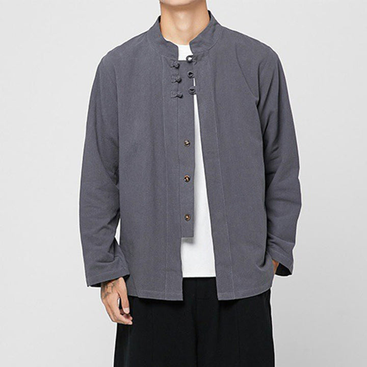 Buddha Stones Chinese Frog-Button Side Slit Men's Long Sleeve Cotton Tang Suit Shirt - image 4