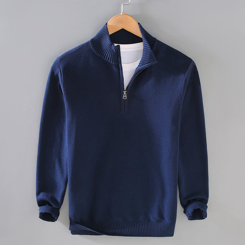 Buddha Stones Ribbed Solid Color Hem Design Men's Mock Neck Long Sleeve Pure Cotton Sweater - Navy - US/UK/AU42，EU52 (3XL) - image 0