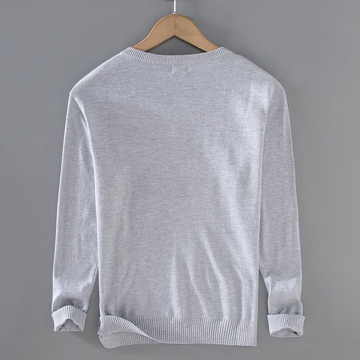 Buddha Stones Solid Color V-Neck Cotton Simple Design Men's Long Sleeve Sweater - image 1