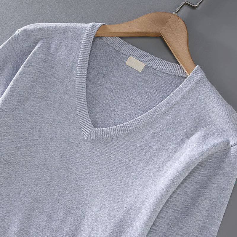 Buddha Stones Solid Color V-Neck Cotton Simple Design Men's Long Sleeve Sweater - image 2