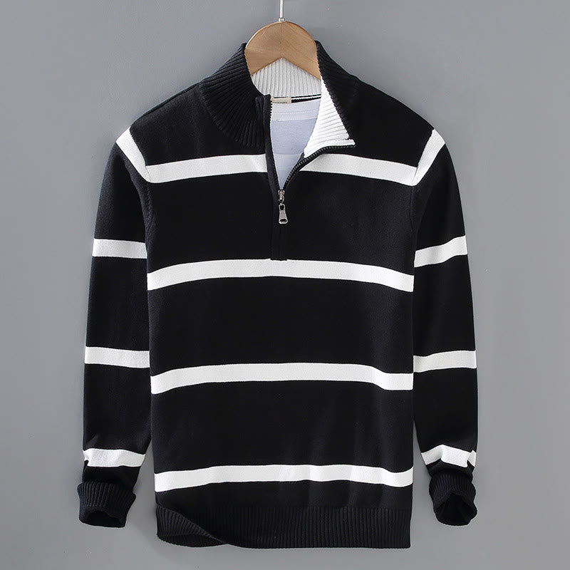 Buddha Stones Color Contrast Striped Half Zipper Design Cotton Men's Long Sleeve Sweater - Black White Stripe - US/UK/AU42，EU52 (3XL) - image 0