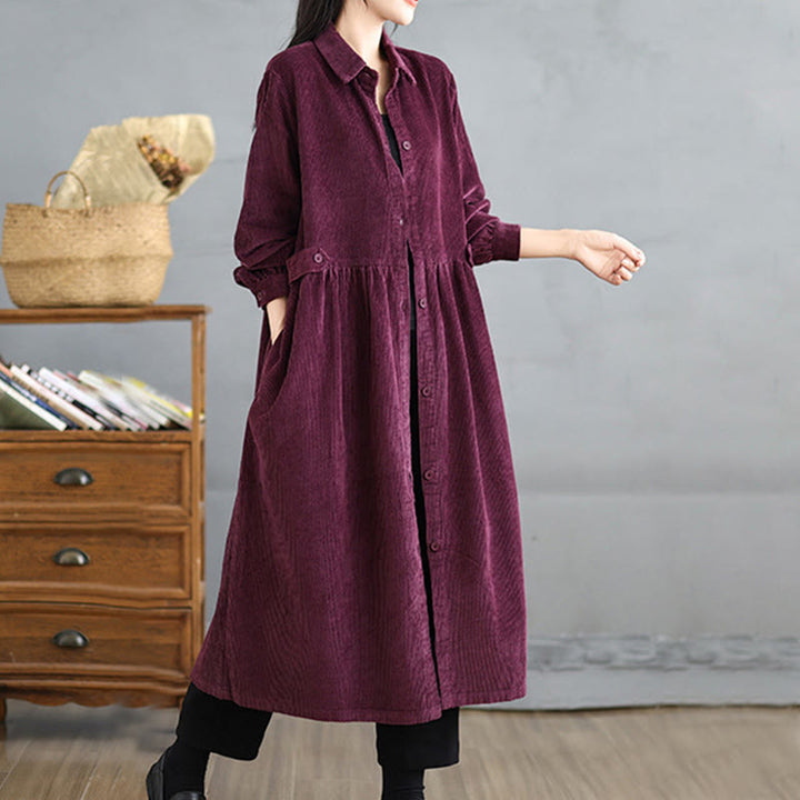 Buddha Stones Plain Buttons Long Sleeve Women's Cotton Corduroy Coat With Pockets - image 19