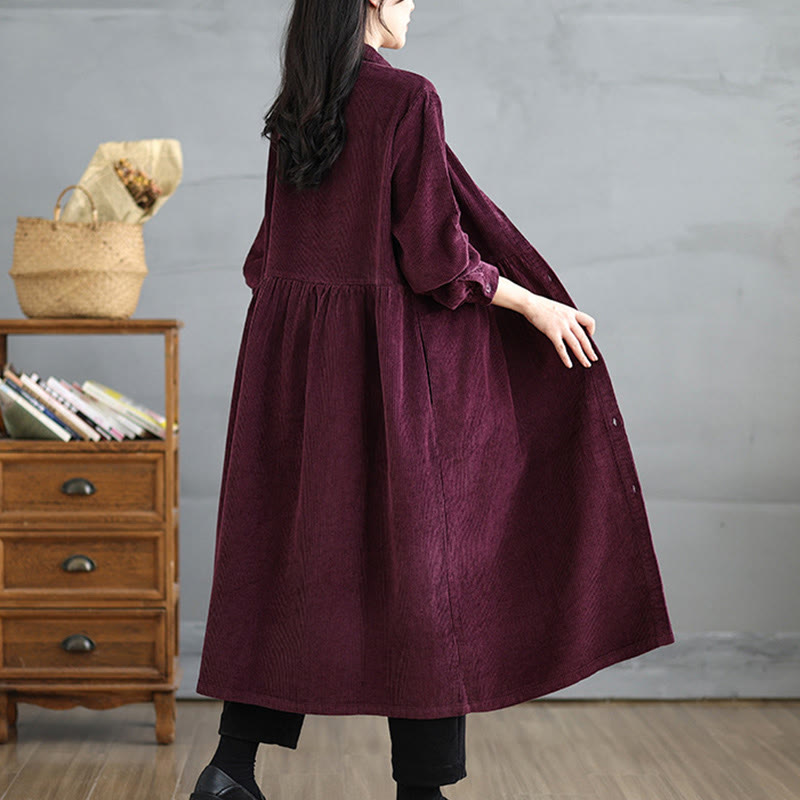 Buddha Stones Plain Buttons Long Sleeve Women's Cotton Corduroy Coat With Pockets - image 22