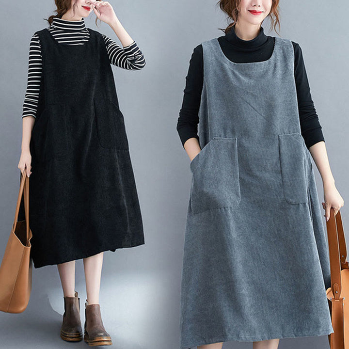 Buddha Stones Commute Crew Neck Women's Sleeveless Cotton Corduroy Midi Dress With Pockets - image 31