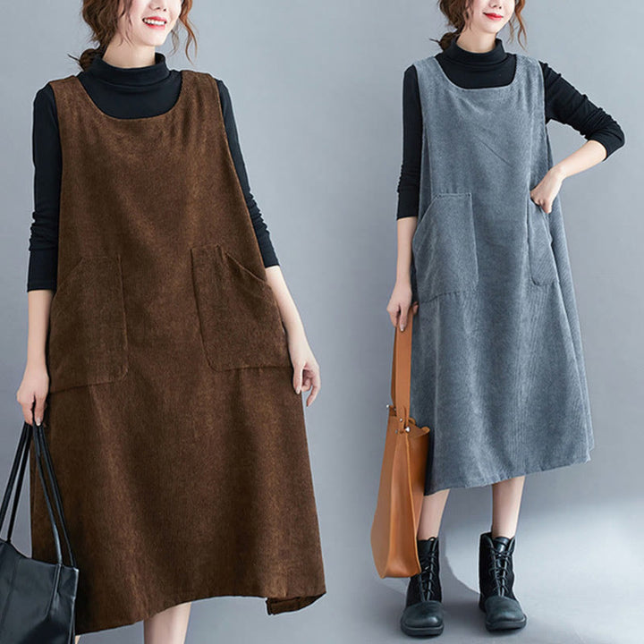 Buddha Stones Commute Crew Neck Women's Sleeveless Cotton Corduroy Midi Dress With Pockets - image 30