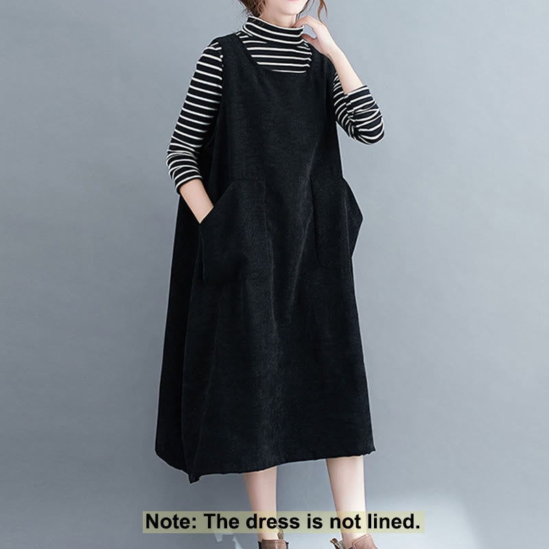 Buddha Stones Commute Crew Neck Women's Sleeveless Cotton Corduroy Midi Dress With Pockets - image 16