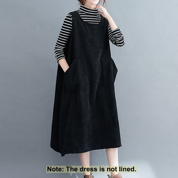 Buddha Stones Commute Crew Neck Women's Sleeveless Cotton Corduroy Midi Dress With Pockets - image 16