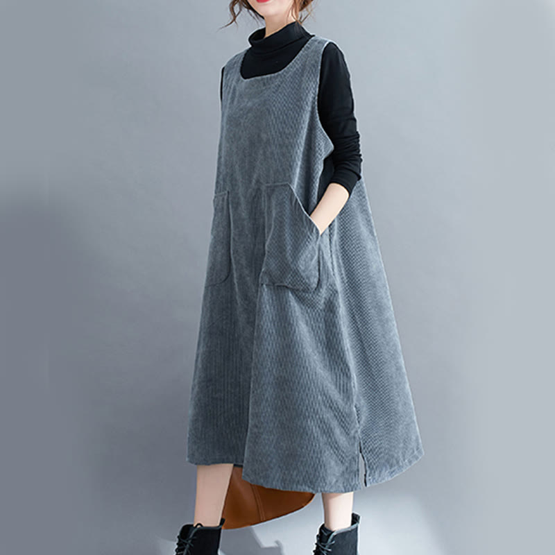 Buddha Stones Commute Crew Neck Women's Sleeveless Cotton Corduroy Midi Dress With Pockets - image 24