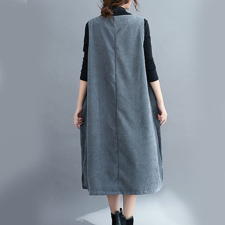 Buddha Stones Commute Crew Neck Women's Sleeveless Cotton Corduroy Midi Dress With Pockets - image 25