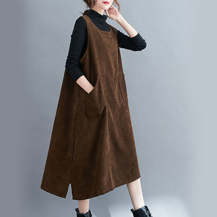 Buddha Stones Commute Crew Neck Women's Sleeveless Cotton Corduroy Midi Dress With Pockets - image 7