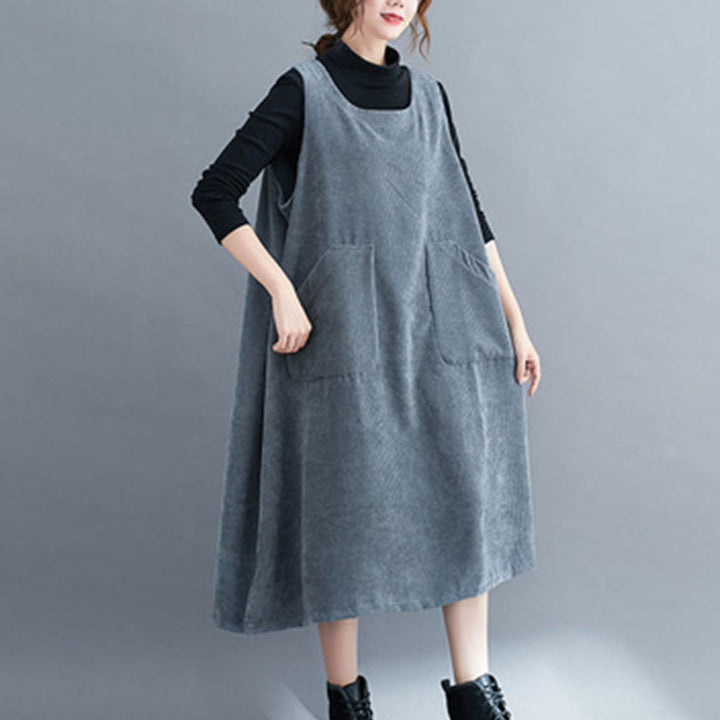 Buddha Stones Commute Crew Neck Women's Sleeveless Cotton Corduroy Midi Dress With Pockets - SteelBlue - US12，UK/AU16，EU44 (2XL) - image 22