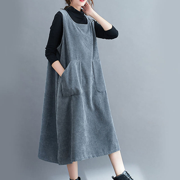 Buddha Stones Commute Crew Neck Women's Sleeveless Cotton Corduroy Midi Dress With Pockets - image 26