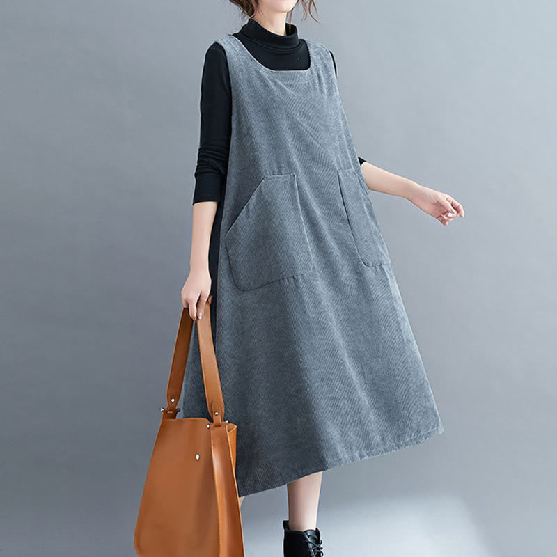Buddha Stones Commute Crew Neck Women's Sleeveless Cotton Corduroy Midi Dress With Pockets - image 28