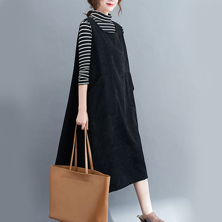 Buddha Stones Commute Crew Neck Women's Sleeveless Cotton Corduroy Midi Dress With Pockets - image 17