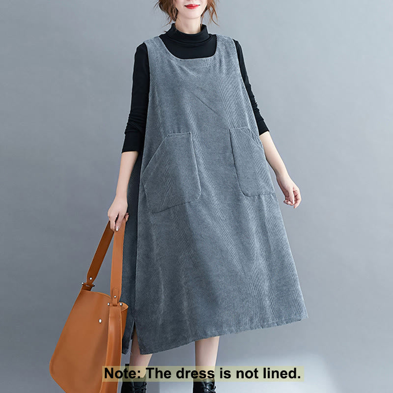 Buddha Stones Commute Crew Neck Women's Sleeveless Cotton Corduroy Midi Dress With Pockets - image 23