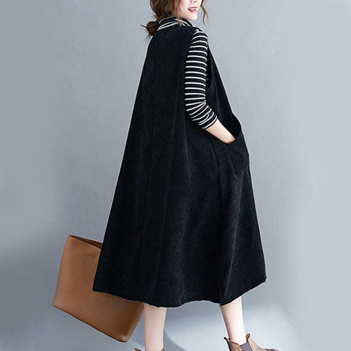 Buddha Stones Commute Crew Neck Women's Sleeveless Cotton Corduroy Midi Dress With Pockets - image 20