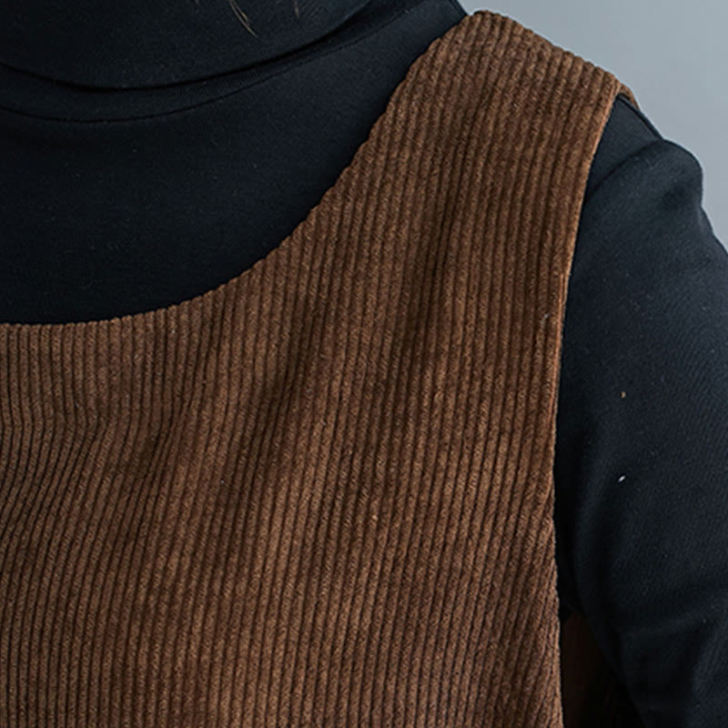 Buddha Stones Commute Crew Neck Women's Sleeveless Cotton Corduroy Midi Dress With Pockets - image 10