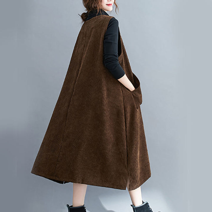 Buddha Stones Commute Crew Neck Women's Sleeveless Cotton Corduroy Midi Dress With Pockets - image 8