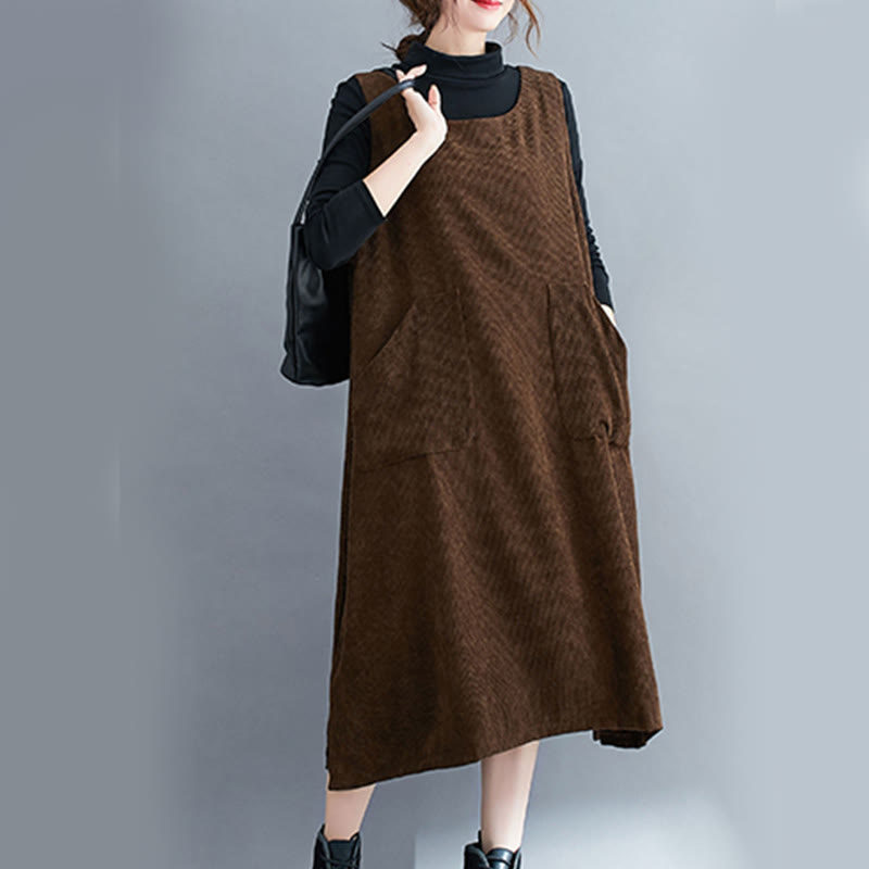 Buddha Stones Commute Crew Neck Women's Sleeveless Cotton Corduroy Midi Dress With Pockets - image 5