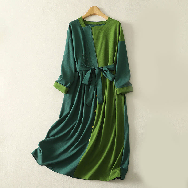 Buddha Stones Patched Color Block Desgin Cotton Women's Long Sleeve Midi Dress With Pockets - DarkGreen - US8-10，UK/AU12-14，EU40-42 (2XL) - image 0