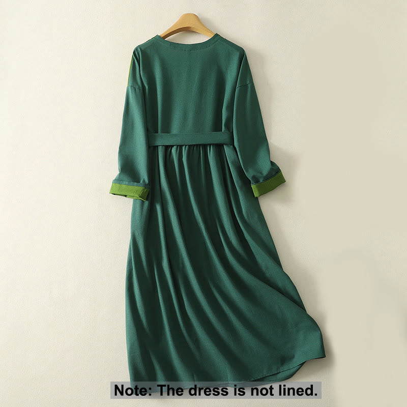 Buddha Stones Patched Color Block Desgin Cotton Women's Long Sleeve Midi Dress With Pockets - image 1