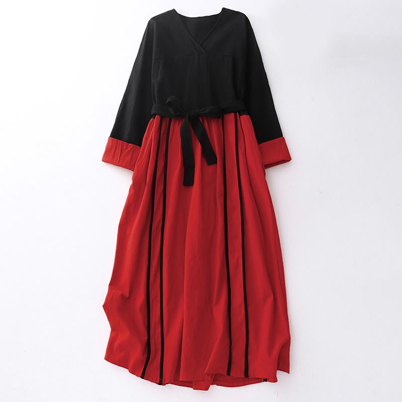 Buddha Stones Color Block Lace-Up Desgin Women's Long Sleeve Midi Dress With Pockets - Crimson - US8-10，UK/AU12-14，EU40-42 (2XL) - image 0