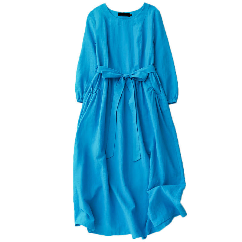 Buddha Stones Plain Long Sleeve Lace-up Desgin Women's Cotton Midi Dress With Pockets - image 10