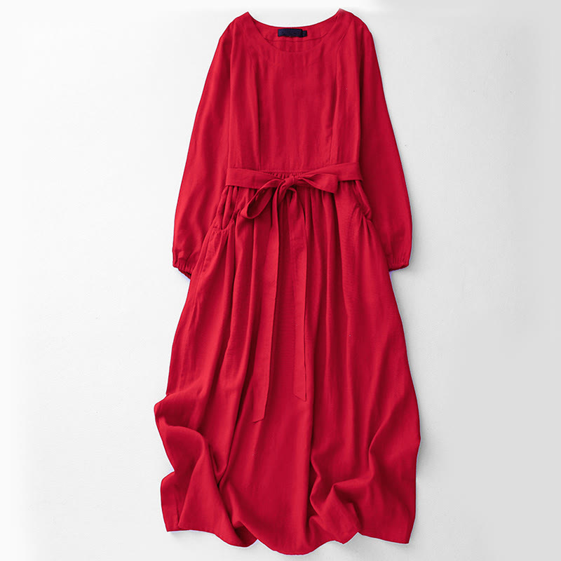 Buddha Stones Plain Long Sleeve Lace-up Desgin Women's Cotton Midi Dress With Pockets - Red - US8-10，UK/AU12-14，EU40-42 (2XL) - image 11