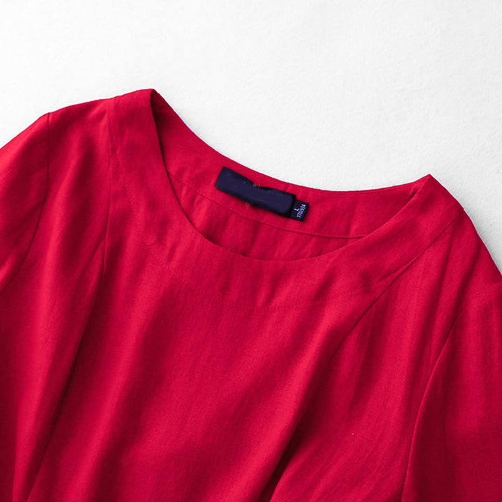 Buddha Stones Plain Long Sleeve Lace-up Desgin Women's Cotton Midi Dress With Pockets - image 13