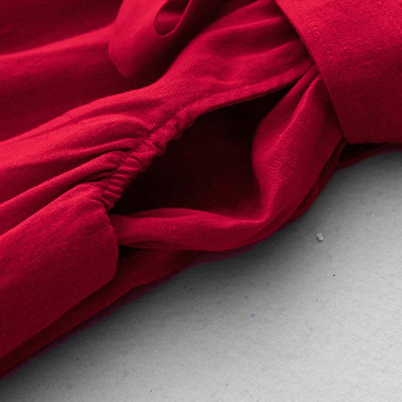 Buddha Stones Plain Long Sleeve Lace-up Desgin Women's Cotton Midi Dress With Pockets - image 16