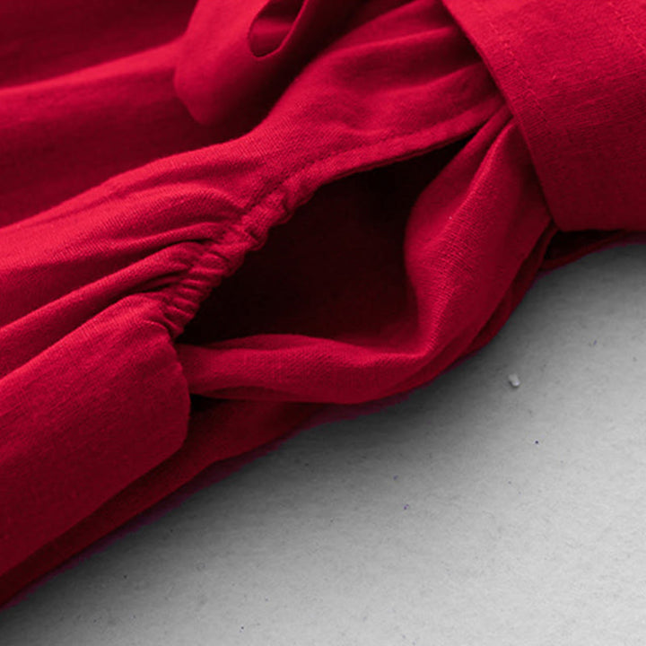 Buddha Stones Plain Long Sleeve Lace-up Desgin Women's Cotton Midi Dress With Pockets - image 16