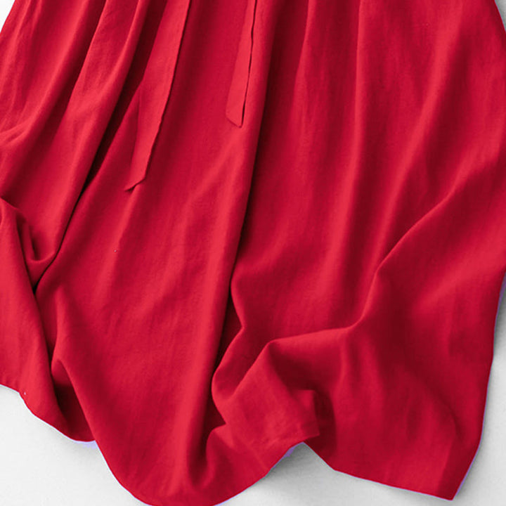 Buddha Stones Plain Long Sleeve Lace-up Desgin Women's Cotton Midi Dress With Pockets - image 19