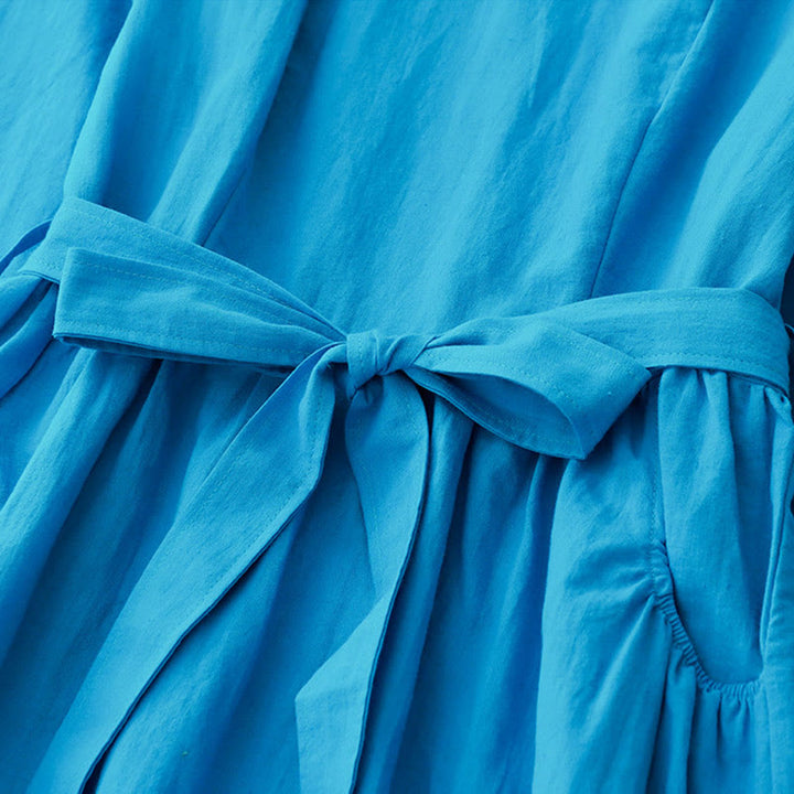 Buddha Stones Plain Long Sleeve Lace-up Desgin Women's Cotton Midi Dress With Pockets - image 3