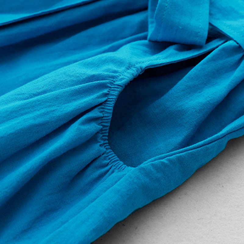 Buddha Stones Plain Long Sleeve Lace-up Desgin Women's Cotton Midi Dress With Pockets - image 6