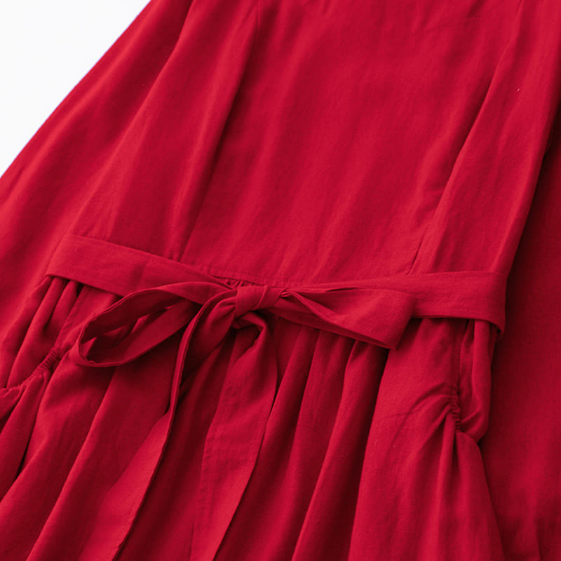 Buddha Stones Plain Long Sleeve Lace-up Desgin Women's Cotton Midi Dress With Pockets - image 15