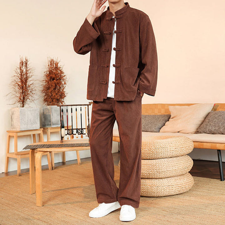 Buddha Stones 2pcs Plain Men's Frog-button Long Sleeve Shirt Pants Cotton Corduroy Set With Pockets - image 2