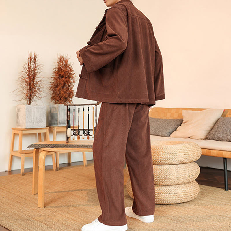 Buddha Stones 2pcs Plain Men's Frog-button Long Sleeve Shirt Pants Cotton Corduroy Set With Pockets - image 3